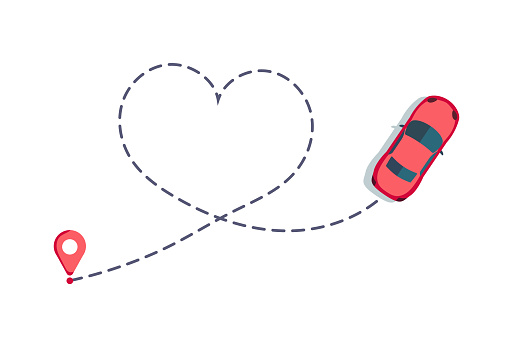 Love car route. Romantic travel, heart dashed line trace and routes. Hearted vehicle path, dotted love valentine day drawing isolated vector illustration