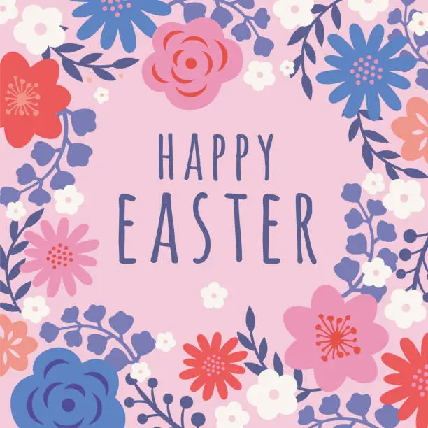 Vector illustration of Easter card with flowers frame.