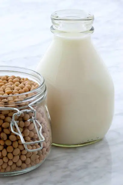 Delicious fresh soy milk, on beautiful carrara marble