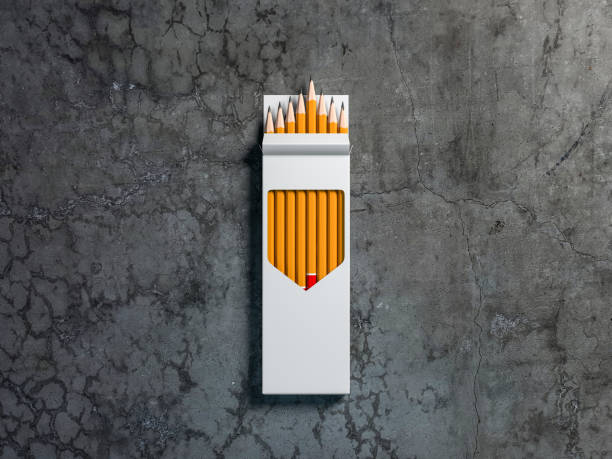 istock Opened white box Mockup with Pencils Set on concrete floor 1133003600