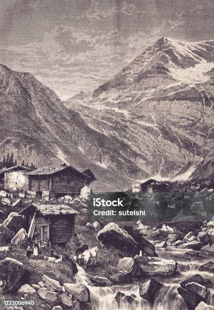 The Hochwildspitze In The Ötztal Stock Illustration - Download Image Now - 1880-1889, 19th Century, 19th Century Style
