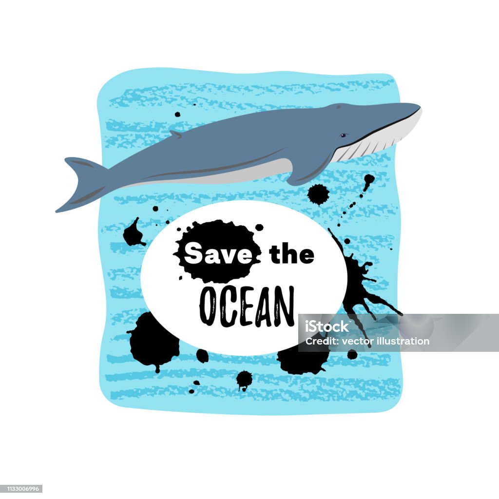 Сartoon style icon of blue whale in the ocean. Design template card with text. Concept poster to protect the environment. Vector illustration. Сartoon style icon of blue whale in the ocean. Design template card with text. Concept poster to protect the environment. Animal stock vector