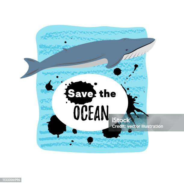 Сartoon Style Icon Of Blue Whale In The Ocean Design Template Card With Text Concept Poster To Protect The Environment Stock Illustration - Download Image Now