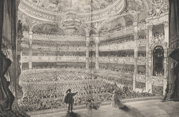 The great opera in Paris. Opening performance. history, vintage, illustration, retro style,  19th Century Style, old, Opera, Paris, theater industry illustrations stock illustrations