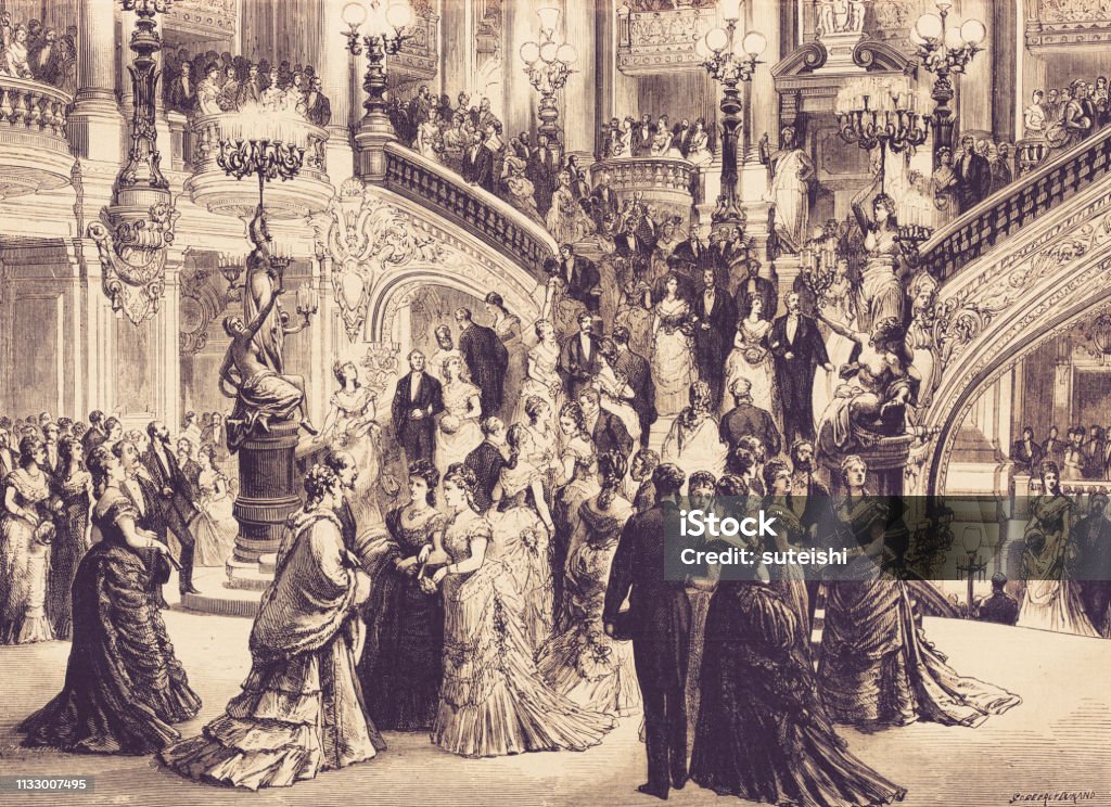 The great opera in Paris. The staircase. history, vintage, illustration, retro style,  19th Century Style, old, Opera, Paris, staircase, event, Paris - France stock illustration