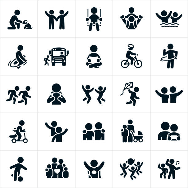 Children Icons A set of children icons. The icons include children, children playing, boys, girls, families, sons, daughters, boy and a dog, children waving, child swinging, child getting a piggy back ride, children swimming, child jumping rope, child getting on a school bus, child reading, child riding a bike, children running, children jumping, child flying a kite, child riding a push scooter, childhood friends, mother and child, child playing soccer, child dressed up as a superhero, children playing with ball and children dancing to name just a few. happiness symbols stock illustrations
