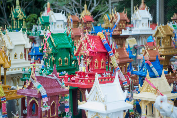 the Spirit Houses on a Pass on the way from Lampang to Mae Tha north of the city of Lampang in North Thailand.