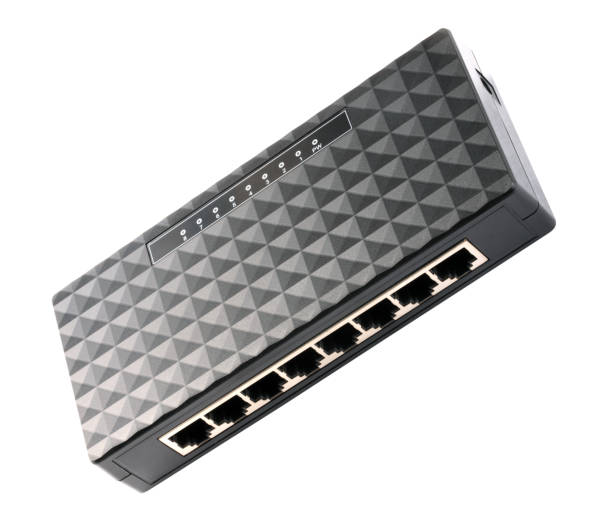 istock black 8 Port Plastic Ethernet Switch isolated on white background at dry day 1133010785