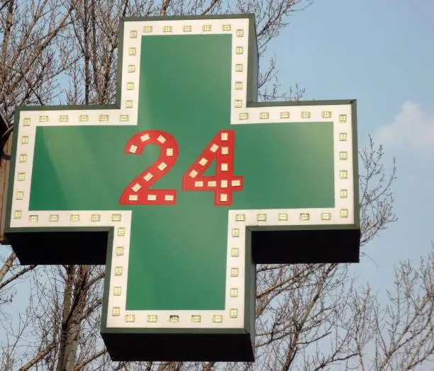 Photo of medical  twenty-four-hour drugstore signboard