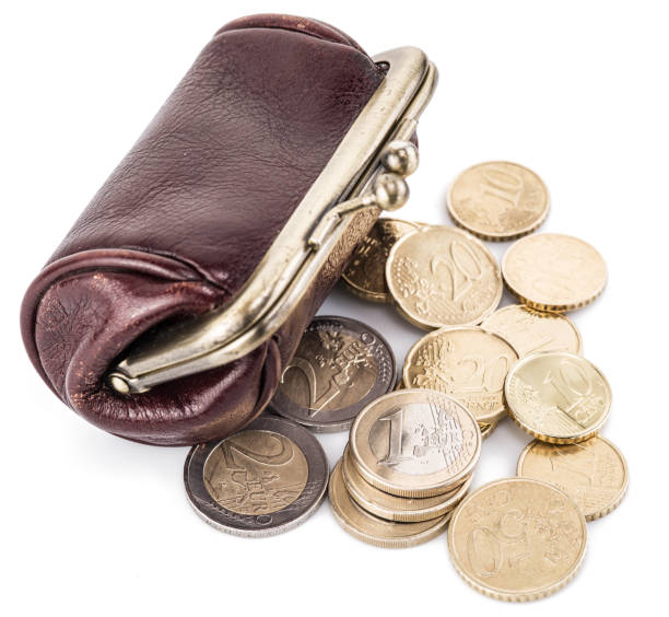 istock Small leather purse for coins and coins near it. 1133011544