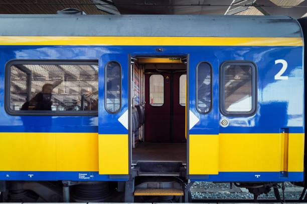The Hague, The Netherlands - February 27, 2019: Door of a train in railway station of The Hague in the Netherlands.