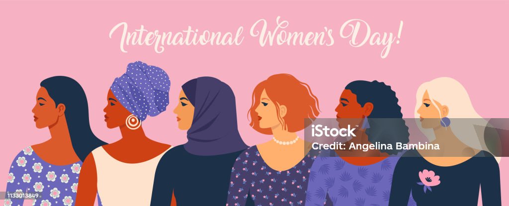 Internationale Vrouwendag. Vector illustratie met vrouwen verschillende nationaliteiten en culturen. - Royalty-free Internationale Vrouwendag vectorkunst