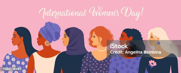 Internationale Vrouwendag Vector Illustratie Met Vrouwen Verschillende Nationaliteiten En Culturen Stockvectorkunst en meer beelden van Internationale Vrouwendag