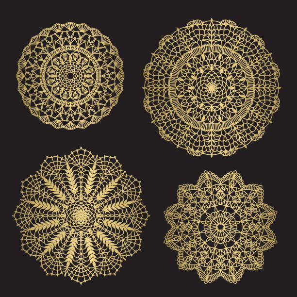 ilustrações de stock, clip art, desenhos animados e ícones de gold color round abstract ethnic ornament mandalas - doily lace kaleidoscope crochet