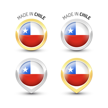 Made in Chile - Guarantee label with the Chilean flag inside round gold and silver icons.
