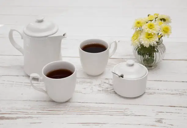 teatime cups of tea on white wooden table background with copyspace
