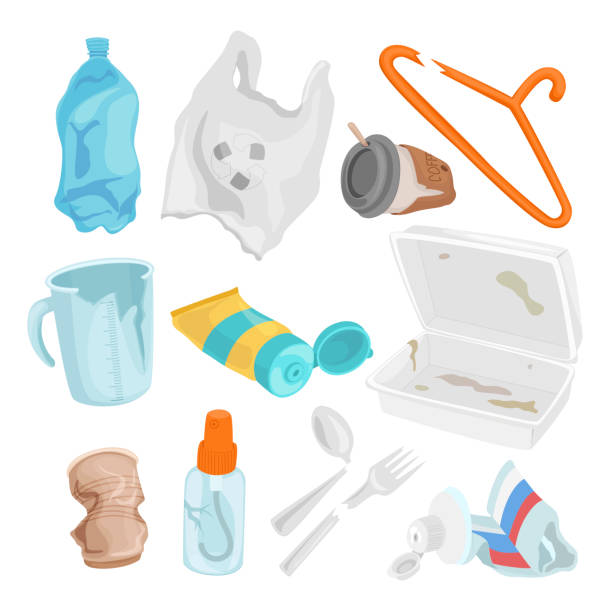 Plastic waste set, pollution and environment concept Plastic waste set, pollution and environment concept. Vector flat style cartoon illustration isolated on white background trash illustrations stock illustrations