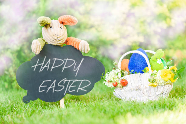 istock Happy Easter text on blackboard and basket with Eastertide symbols 1133024628