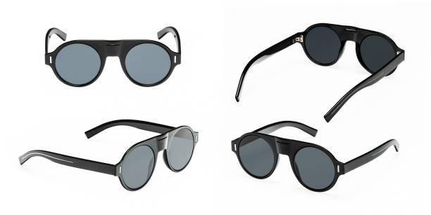 istock Set modern black sunglasses in round frame isolated on white background. Collection summer glasses with polarization 1133030385