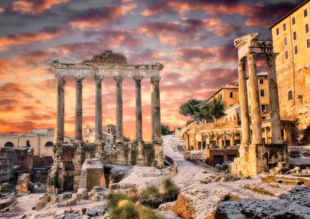 Winter shot in early morning of the Roman Forum temple ruin in Rome Italy