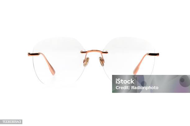 Gold Transparent Glasses Metal Isolated On White Background Stock Photo - Download Image Now