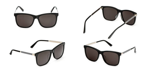 Set Summer Sun glasses of black plastic with polarized gradient isolated on white background. Collection fashion eye glasses.