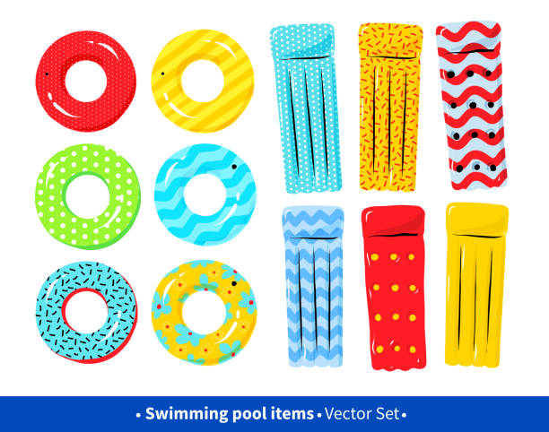 illustrazioni stock, clip art, cartoni animati e icone di tendenza di collezione di zattere da piscina e anelli di gomma - inflatable raft illustrations