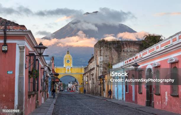 Santa Catalina Arch Agua Volcano Sunrise Antigua Guatemala Stock Photo - Download Image Now