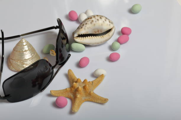Summer holiday accessories. Colored pebbles, seashells, sunglasses and starfish on a white background.