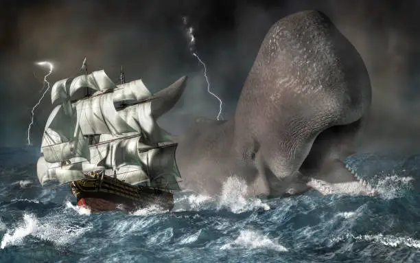 A giant sperm whale chases a ship through stormy seas.  It's time for the ocean's revenge against the sailors who've hunted too many of the marine mammals. 3D illustration