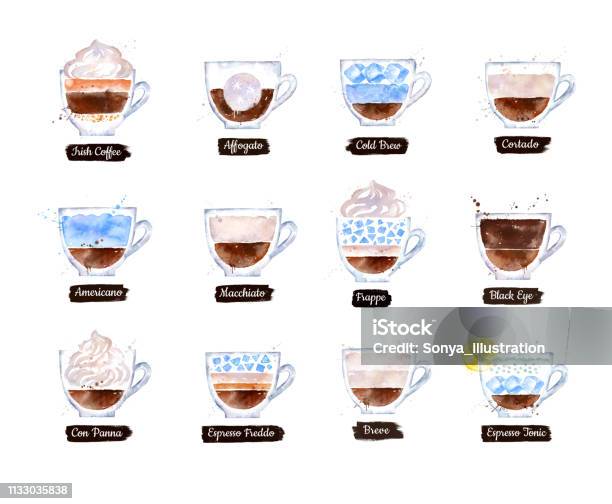 Illustration Set Of Coffee Types Stock Illustration - Download Image Now - Espresso, Affogato, Cold Brew Coffee