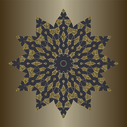 Vector black background with Luxury Gold glitter mandala glitter in ethnic style. Decorative vintage ornament.  Oriental circular golden pattern. Arabic, Islamic, moroccan, asian, indian native motifs