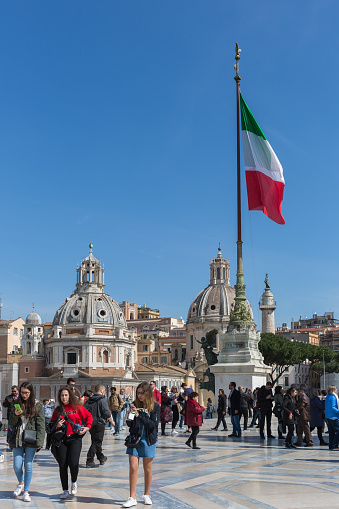 Rome, Italy – March 25, 2018:  Piazza Venezia, view Vittorio Emanuele II Monument