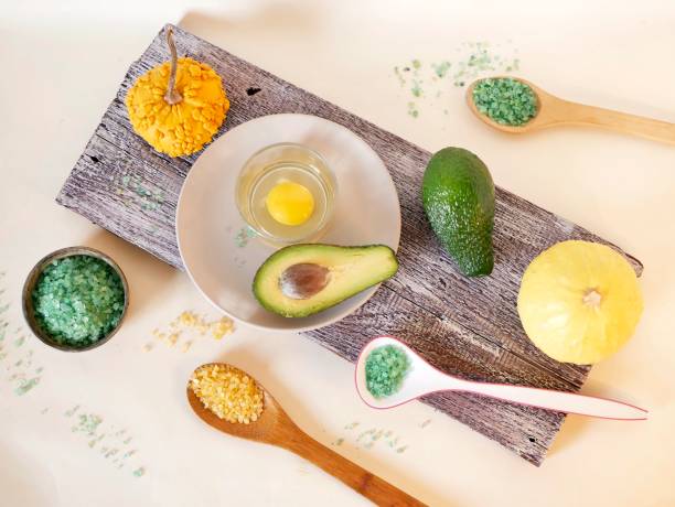 istock Sea salt, avocado, egg, pumpkins on a light table 1133043492