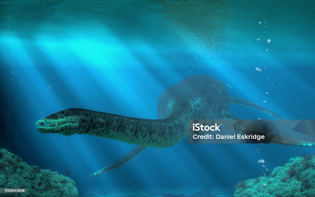Styxosaurus You have entered the underwater realm of the styxosaurus, a plesiosaur of the Cretaceous era. This 30 to 40 foot long aquatic reptile once swam the ocean in the time of the dinosaurs. 3D Rendering Plesiosaur Stock Photo