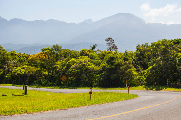 istock Empty road on a sunny and cloudy day in Brazil with mountais on background 1133044385