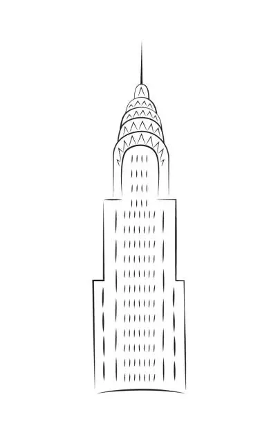 Vector illustration of Chrysler building by day in minimalist style. Vector, illustration, doodle in black and white.