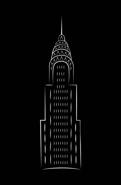 Vector illustration of Chrysler building by night in minimalist style. Vector, illustration, doodle in black and white.
