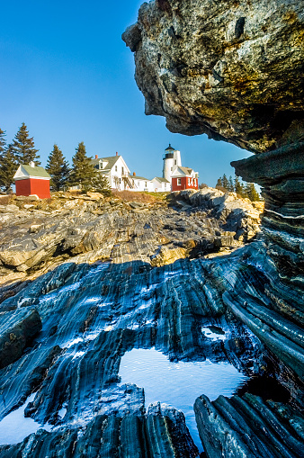 Framed by a rocky outcropping and a small tide pool,  the famous Pemaquid Lighthouse has stood on the mid-coast of Maine for almost two hundred years.