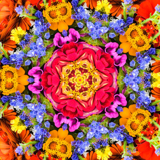 Flower Bouquet Mandala Abstract kaleidoscopic pattern of a  bouquet of a variety of colorful summer flowers, kaleidoscope pattern photos stock pictures, royalty-free photos & images
