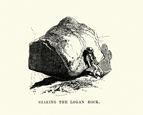 Vintage engraving of a man shaking Logan Rock, Cornwall, 19th Century. The Logan Rock (Cornish: Men Omborth, meaning balanced stone) near the village of Treen in Cornwall, England, UK, is an example of a logan or rocking stone. Although it weighs some 80 tons, it was dislodged in 1824 by a group of British seamen, intent on showing what the Navy could do. However following complaints from local residents for whom the rock had become a tourist attraction and source of income, the seamen were forced to restore it.