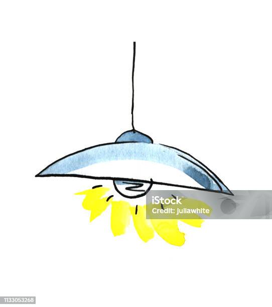 Old Electric Lamp With Lampshade Stock Illustration - Download Image Now - Light Bulb, Watercolor Painting, Black Color