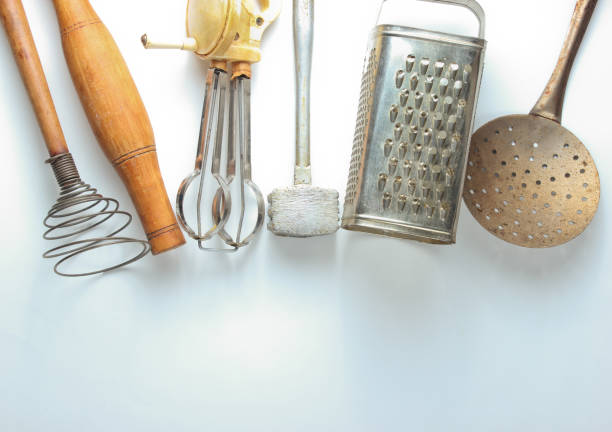 istock Old kitchen tool on white background. Retro kitchen, vintage cooking tool set. Top view 1133056096