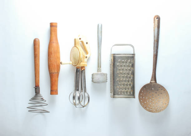 istock Old kitchen tool on white background. Retro kitchen, vintage cooking tool set. Top view 1133056099