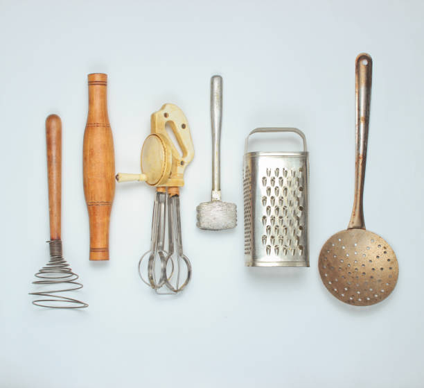 istock Old kitchen tool on white background. Retro kitchen, vintage cooking tool set. Top view. 1133056100
