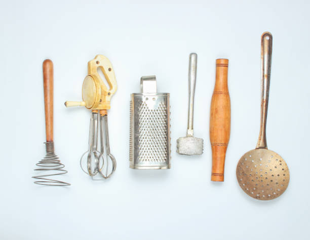 istock Old kitchen tool on white background. Retro kitchen, vintage cooking tool set. Top view 1133056102