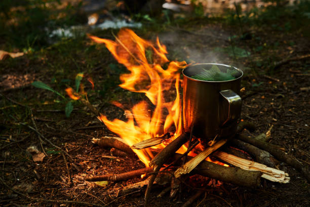 istock Metal cup with tea on the campfire 1133057304
