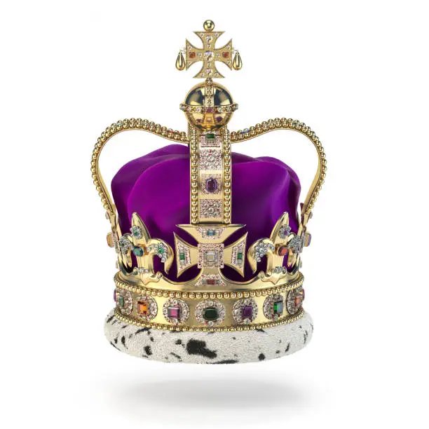 Photo of English golden crown with jewels isolated on white. Royal symbol of UK monarchy.
