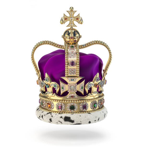 english golden crown with jewels isolated on white. royal symbol of uk monarchy. - red crowned imagens e fotografias de stock