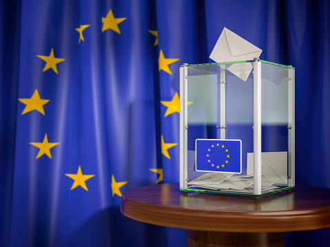Ballot box with European Union EU flag. 3d illustration